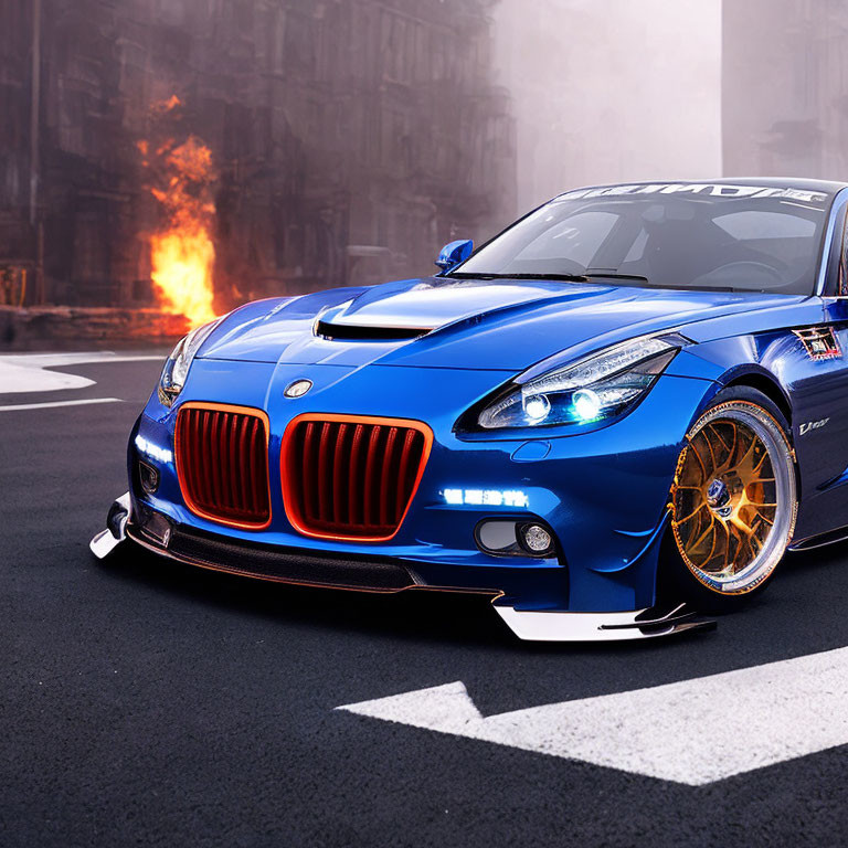 Blue sports car with custom black and gold rims on urban street with smoke and flames.