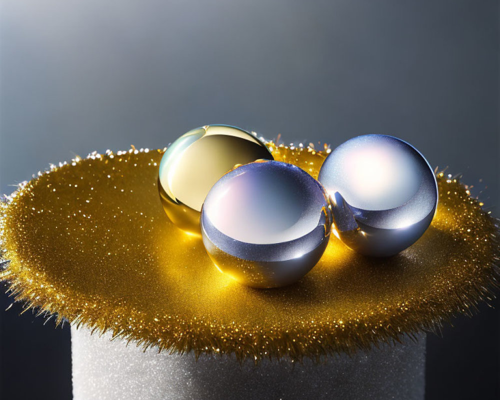 Glossy gold and silver spheres on glitter surface with dark background