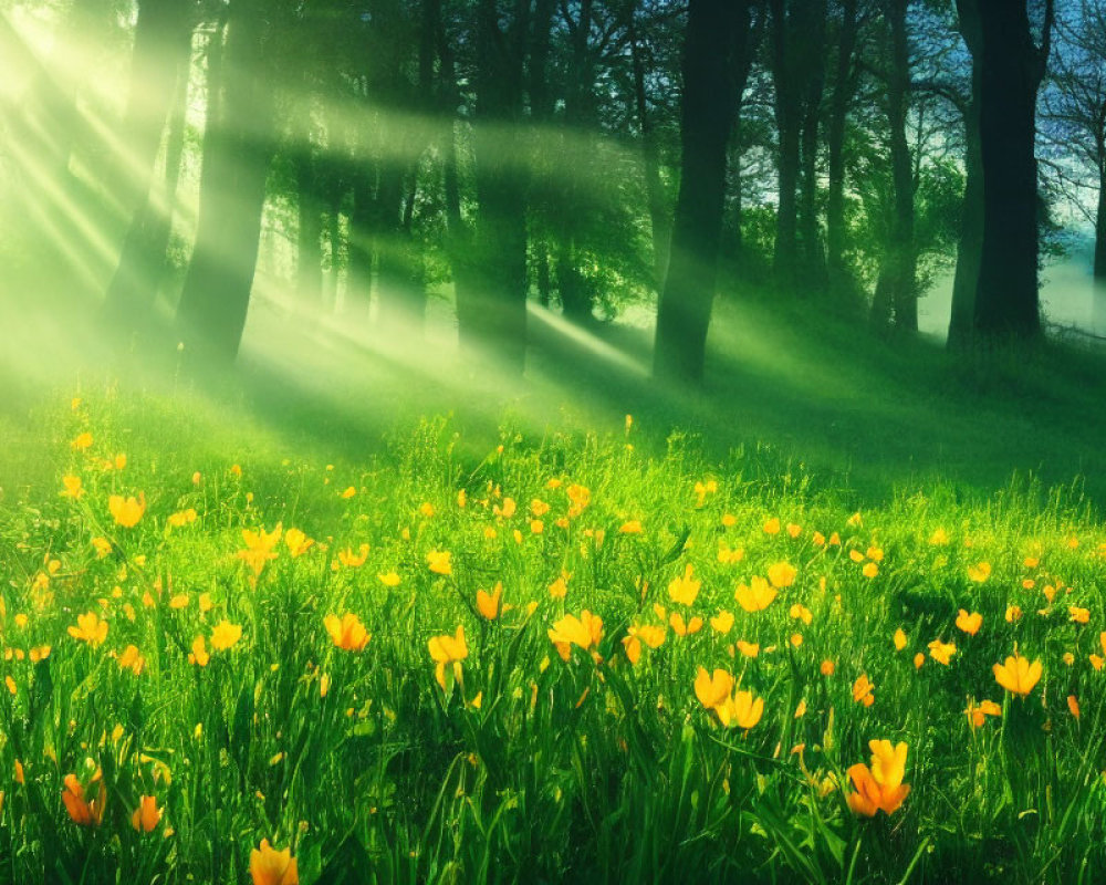 Forest sunlight illuminates vibrant yellow flower meadow