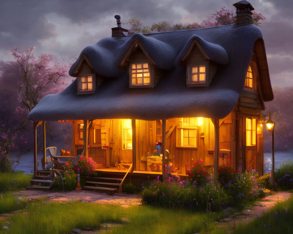 Thatched roof wooden cottage at dusk by serene lake