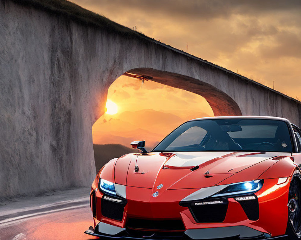 Red sports car drives on mountain road at sunset with warm glow