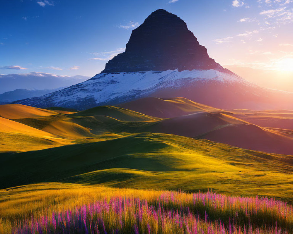 Snow-capped mountain peak at sunset with purple wildflowers in foreground