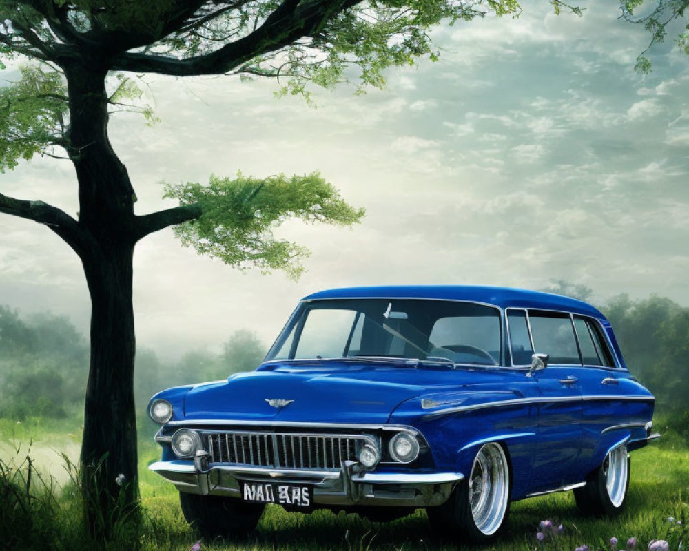 Vintage blue station wagon parked in foggy meadow with lush green grass