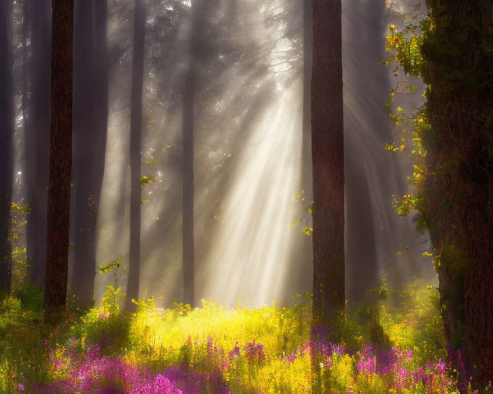 Forest Sunbeams Illuminate Purple and Yellow Wildflowers