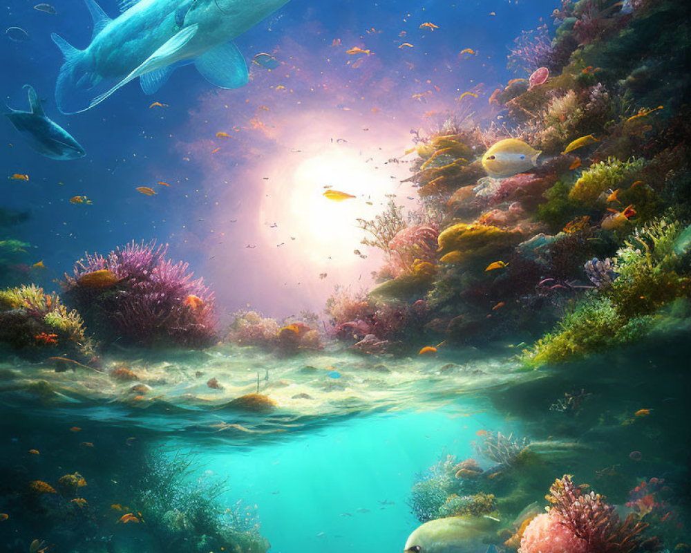 Colorful fish, shark, coral in vibrant underwater scene