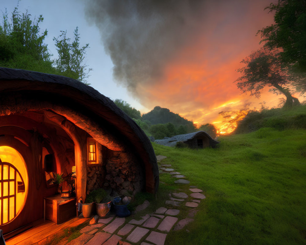 Charming Hobbit house with round door at dusk