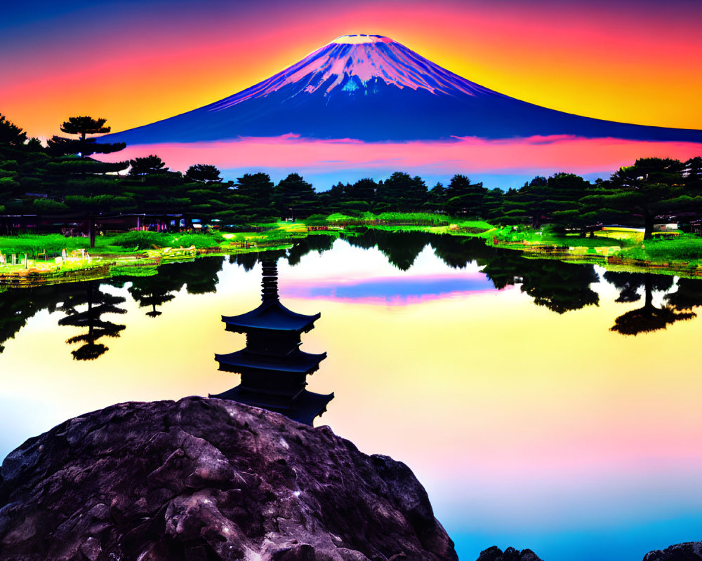 Scenic sunset over Mount Fuji with pagoda silhouette and serene lake in Japanese gardens