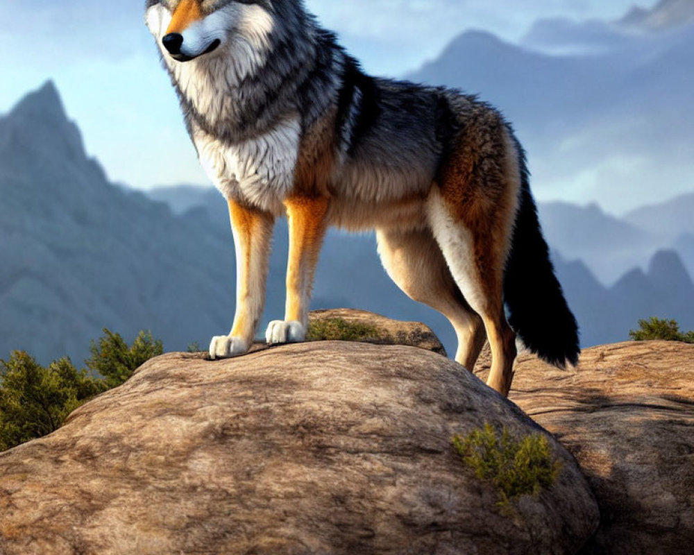 Realistic digital artwork: Wolf on rocky outcrop with mountains.