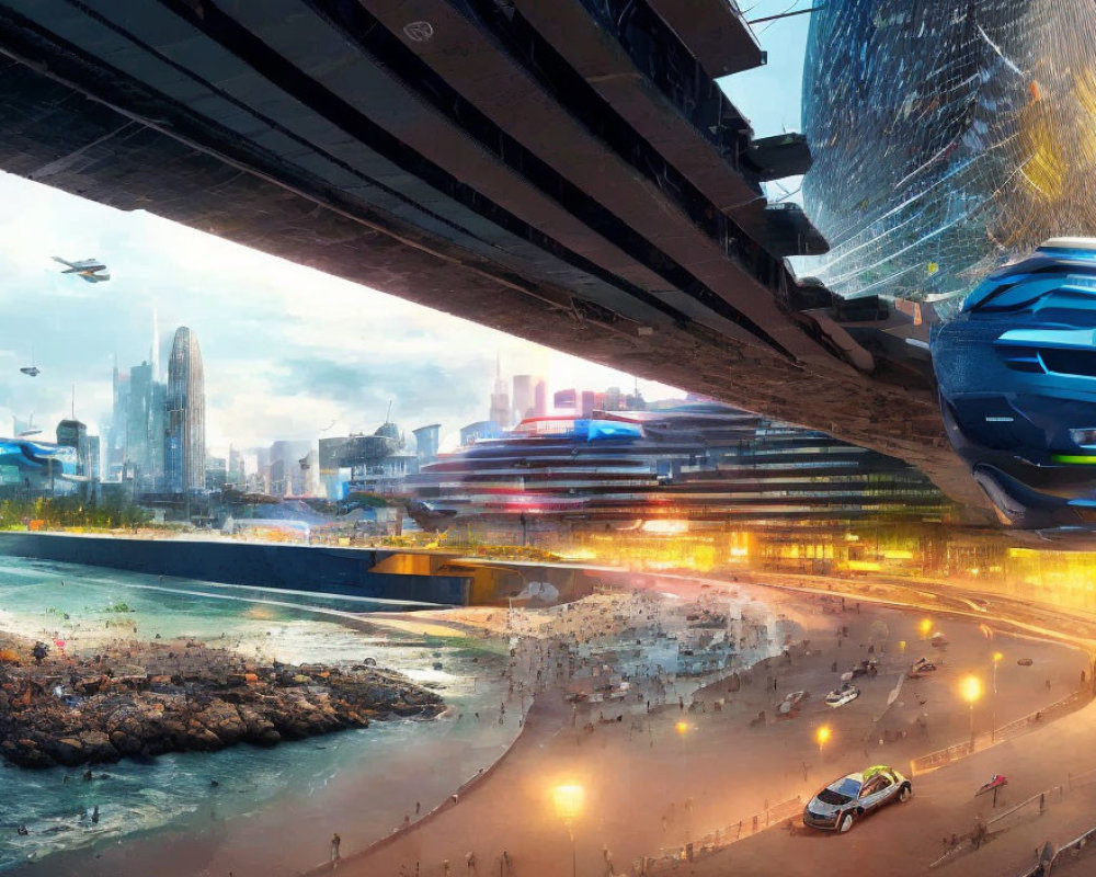 Futuristic cityscape with flying vehicles and skyscrapers