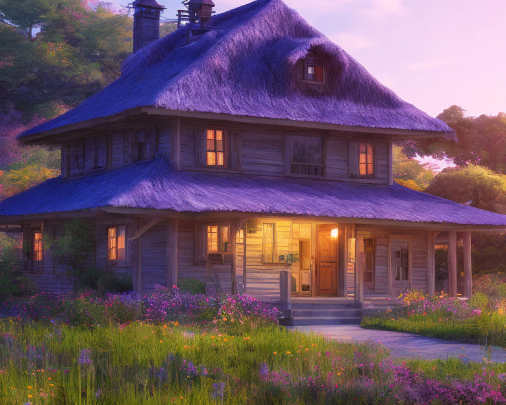 Rustic house with thatched roof in sunset glow surrounded by wildflowers