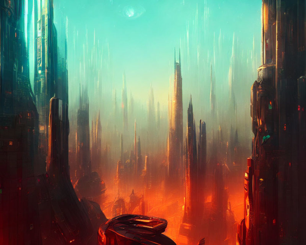 Futuristic cityscape with towering skyscrapers in orange hues