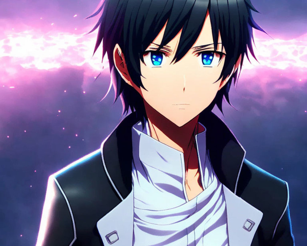 Black-haired anime character in black jacket and white scarf on purple starry backdrop