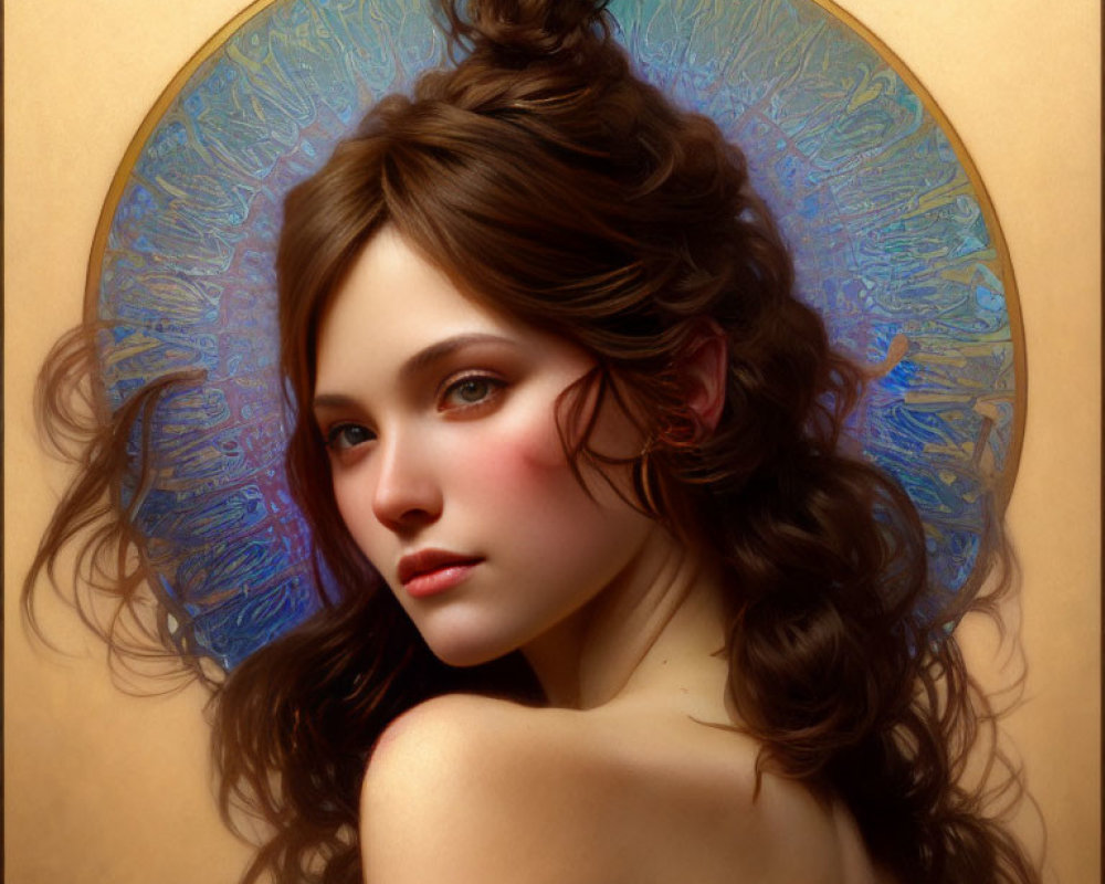 Young woman digital painting with flowing brown hair and ethereal blue backdrop