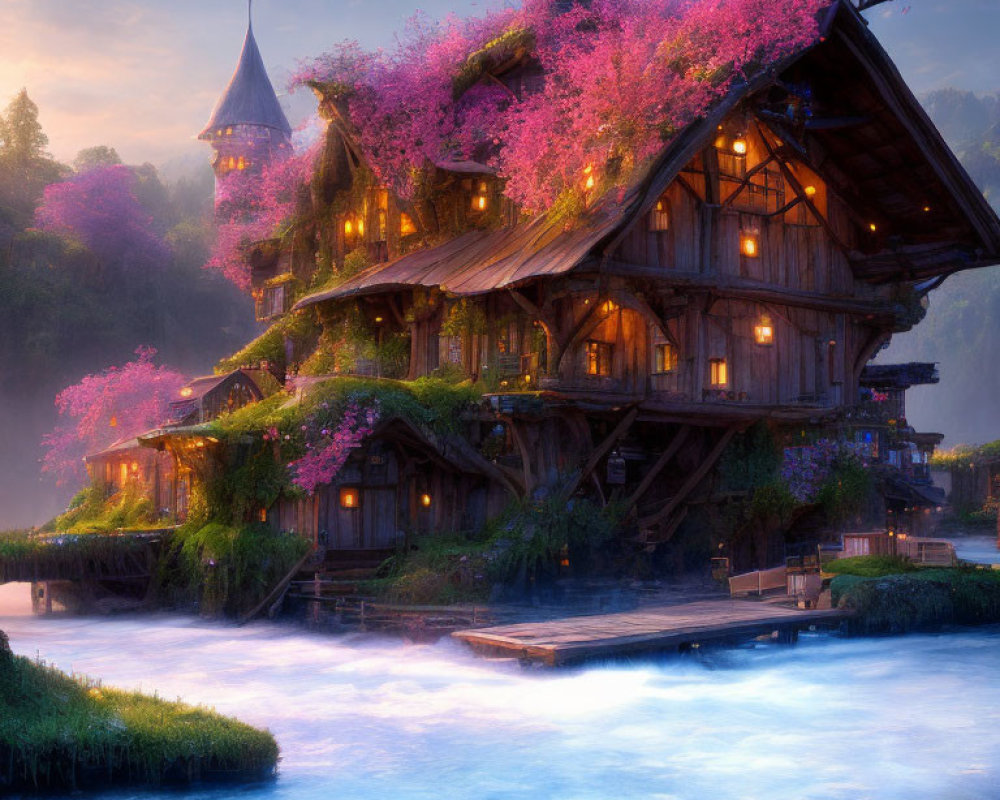 Cozy wooden house with pink blossoms by stream at dusk