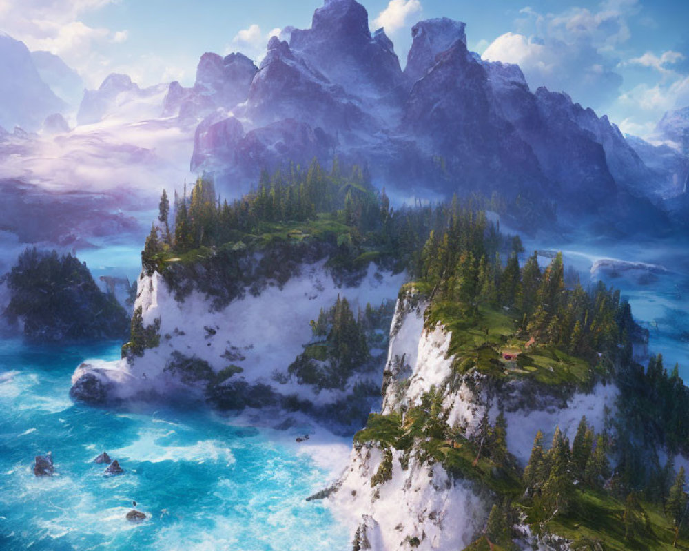 Fantastical landscape with green islands, snowy cliffs, and majestic mountains