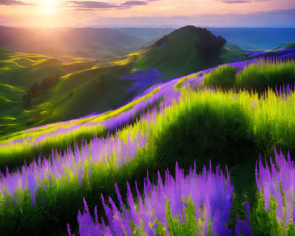 Rolling Hills Covered in Vibrant Purple Flowers at Sunset