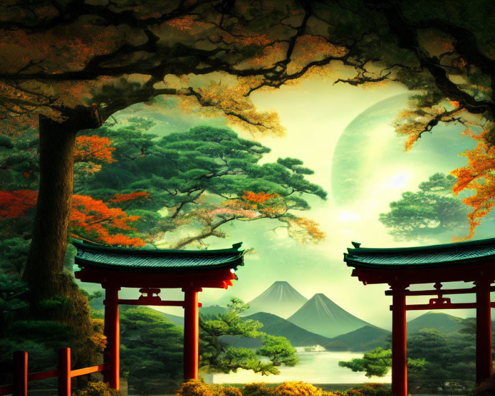 Tranquil landscape with red gates, lake, trees, mountain, and large moon in mystical green