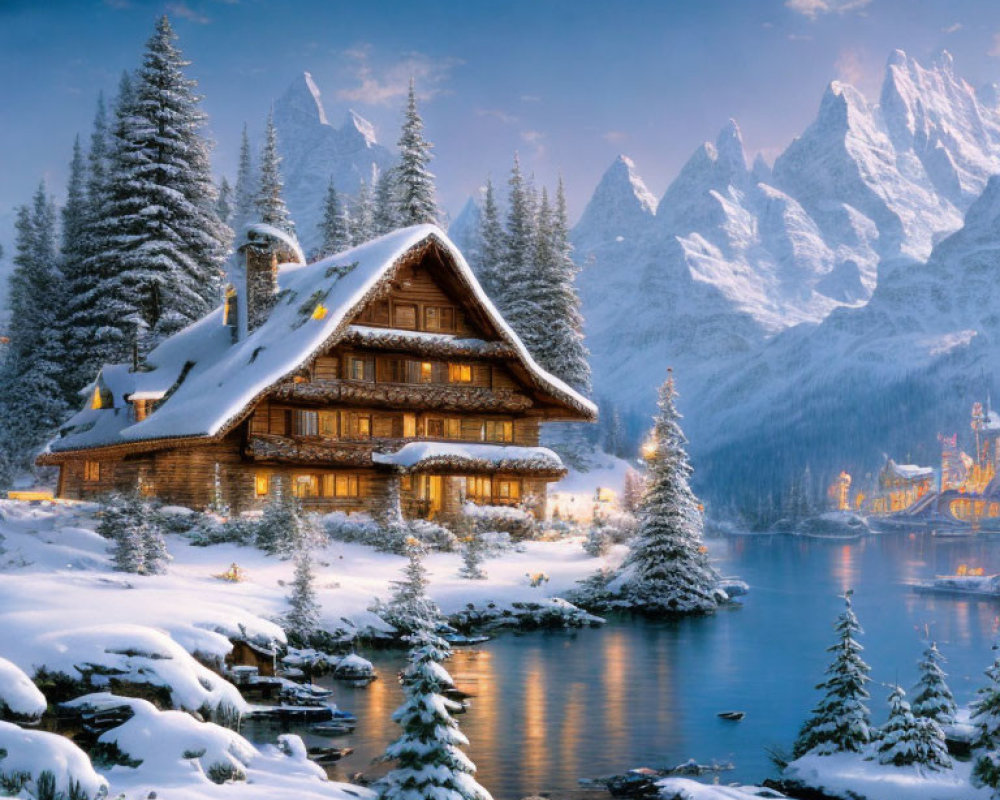 Snow-covered log cabin by lake with lit windows, pine trees, and snow-capped mountains at dusk