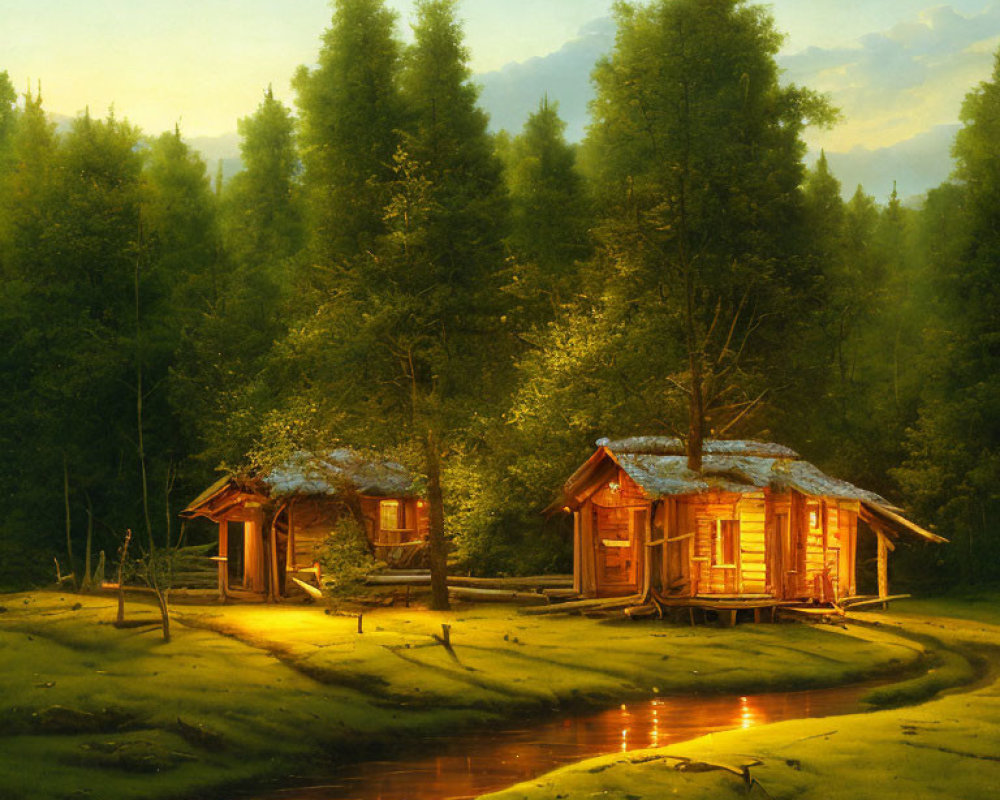 Rustic wooden cabins near stream in lush forest landscape