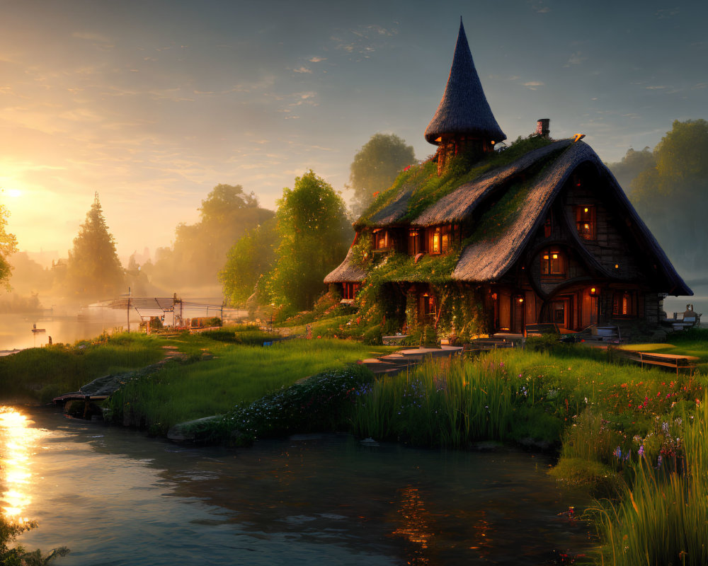 Thatched roof cottage by serene river at sunset