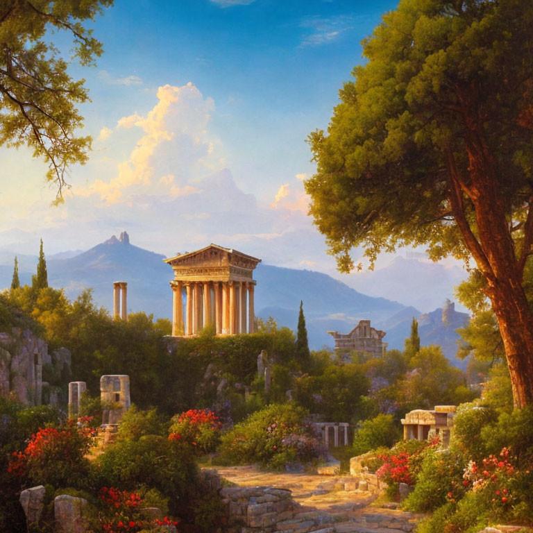 Ancient Greek ruins with temple, mountains, and lush flora in scenic view