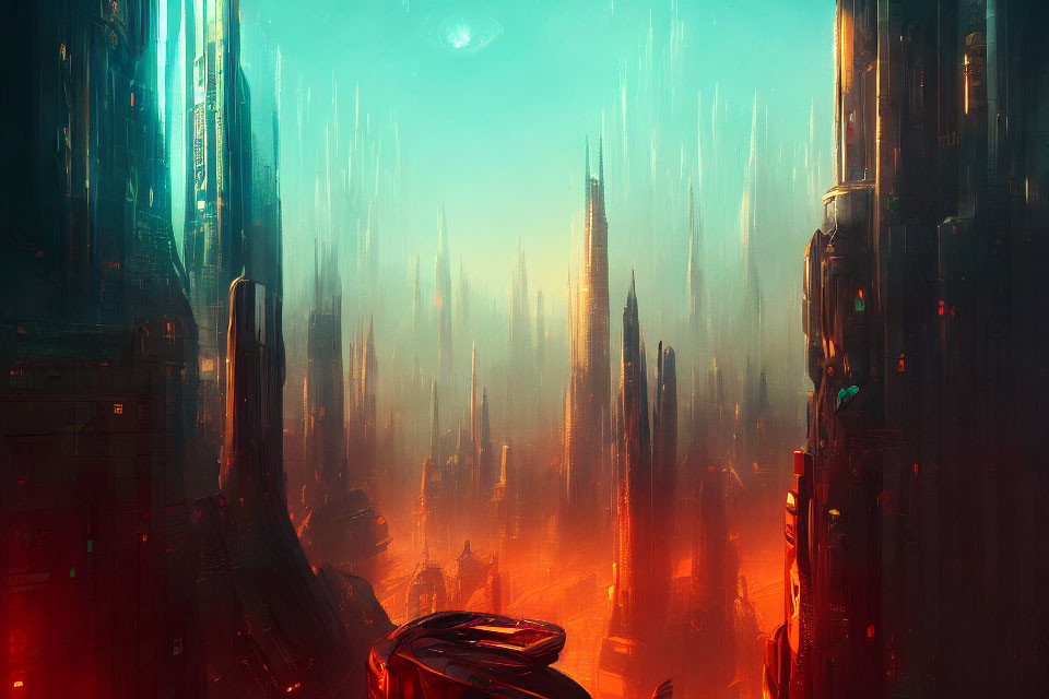 Futuristic cityscape with towering skyscrapers in orange hues