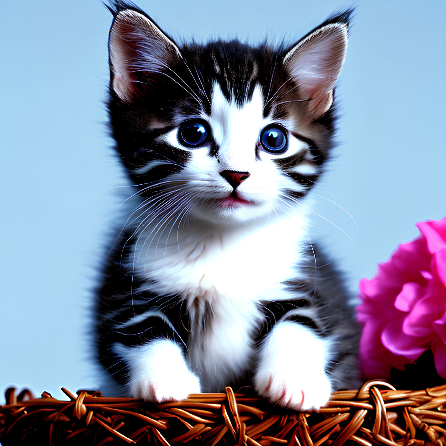 Black and white kitten with blue eyes on wicker basket next to pink flower