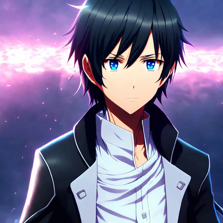 Black-haired anime character in black jacket and white scarf on purple starry backdrop