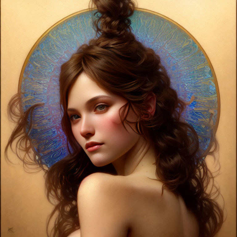 Young woman digital painting with flowing brown hair and ethereal blue backdrop