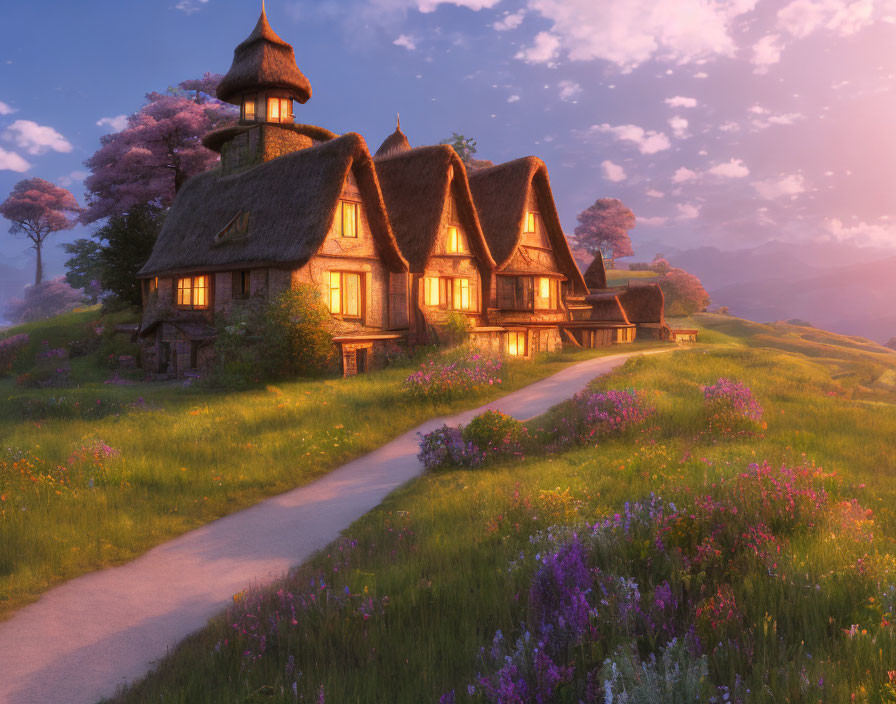 Thatched-roof cottage surrounded by blooming flowers at sunset