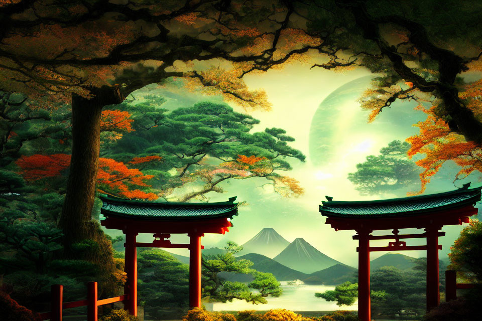 Tranquil landscape with red gates, lake, trees, mountain, and large moon in mystical green