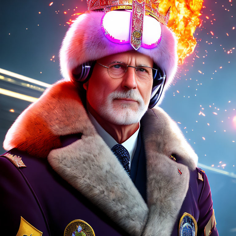 Majestic purple and fur ceremonial uniform with burning golden crown