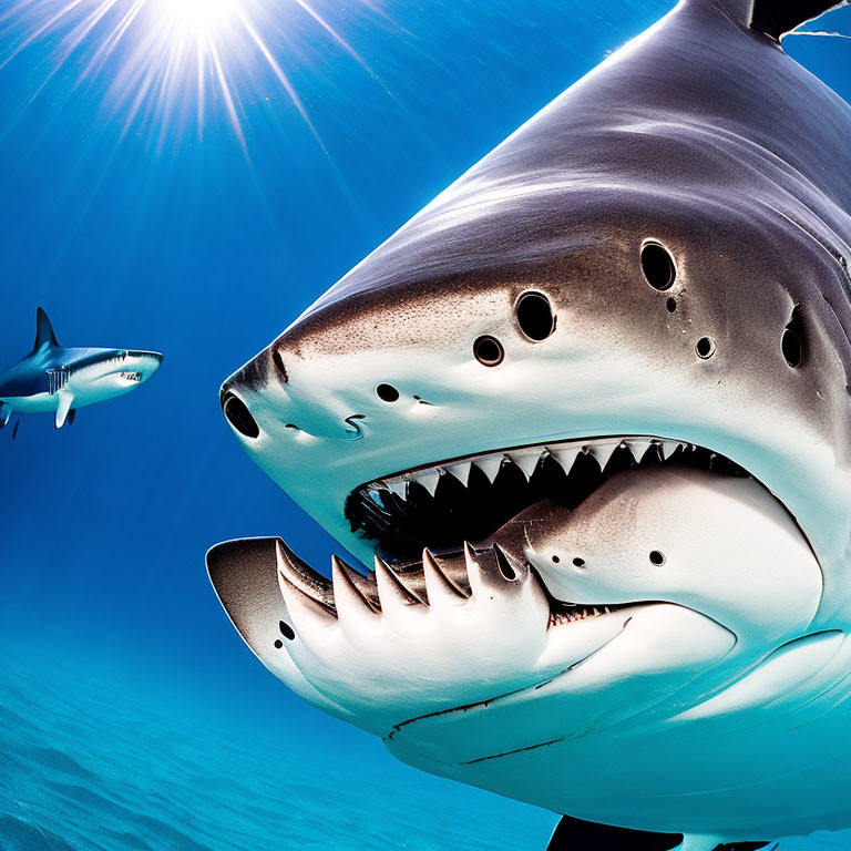 Great White Shark with Open Jaws in Sunlit Blue Ocean