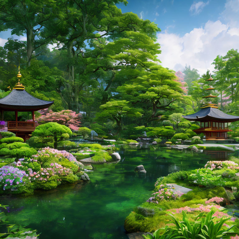 Japanese Garden with Vibrant Flora, Traditional Pavilions, and Serene Pond