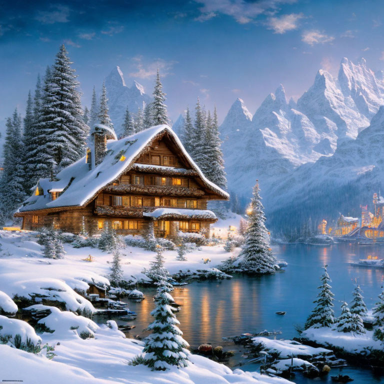 Snow-covered log cabin by lake with lit windows, pine trees, and snow-capped mountains at dusk