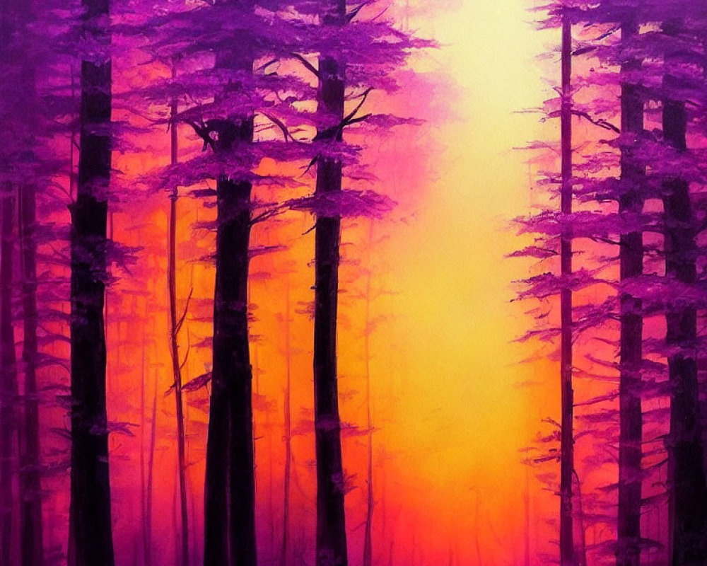 Mystical forest with tall purple trees and yellow-orange sky