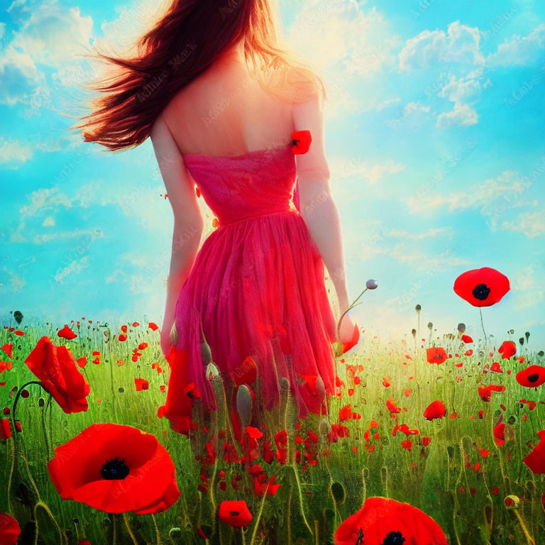 Woman in Red Dress Standing in Poppy Field under Blue Sky