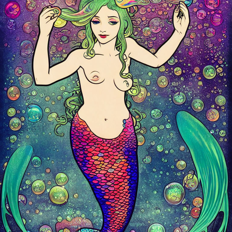 Illustrated mermaid with long green hair underwater surrounded by bubbles and seaweed.