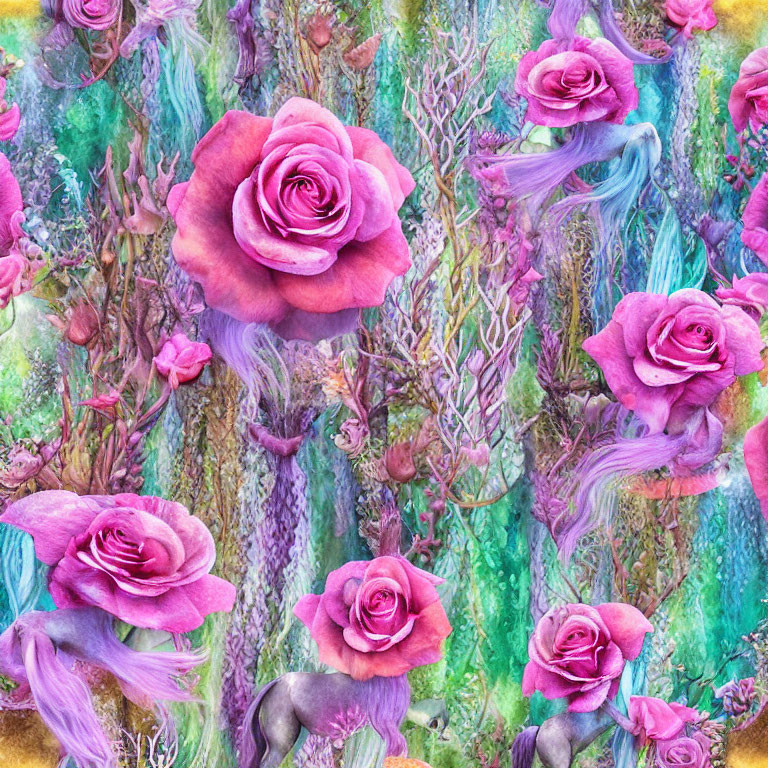 Colorful Floral Pattern with Roses, Lavender, and Greenery on Textured Background