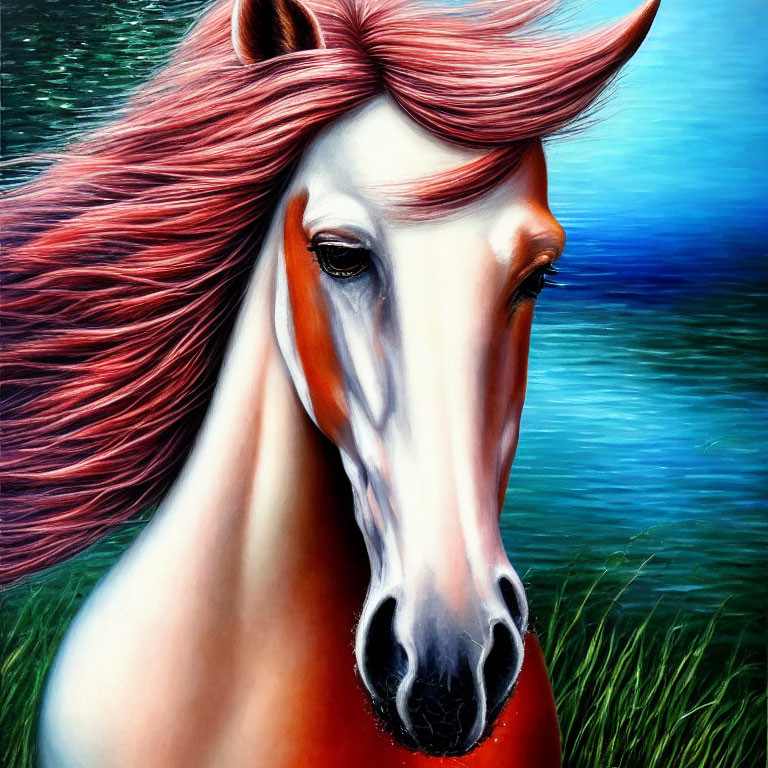 Colorful Horse Painting with Pink Mane on Green and Blue Background