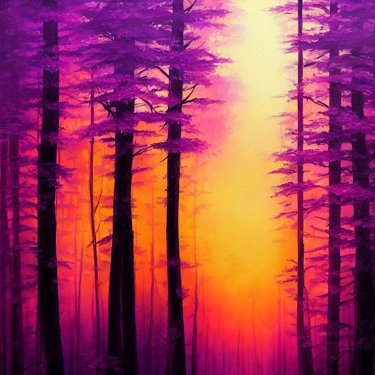 Mystical forest with tall purple trees and yellow-orange sky