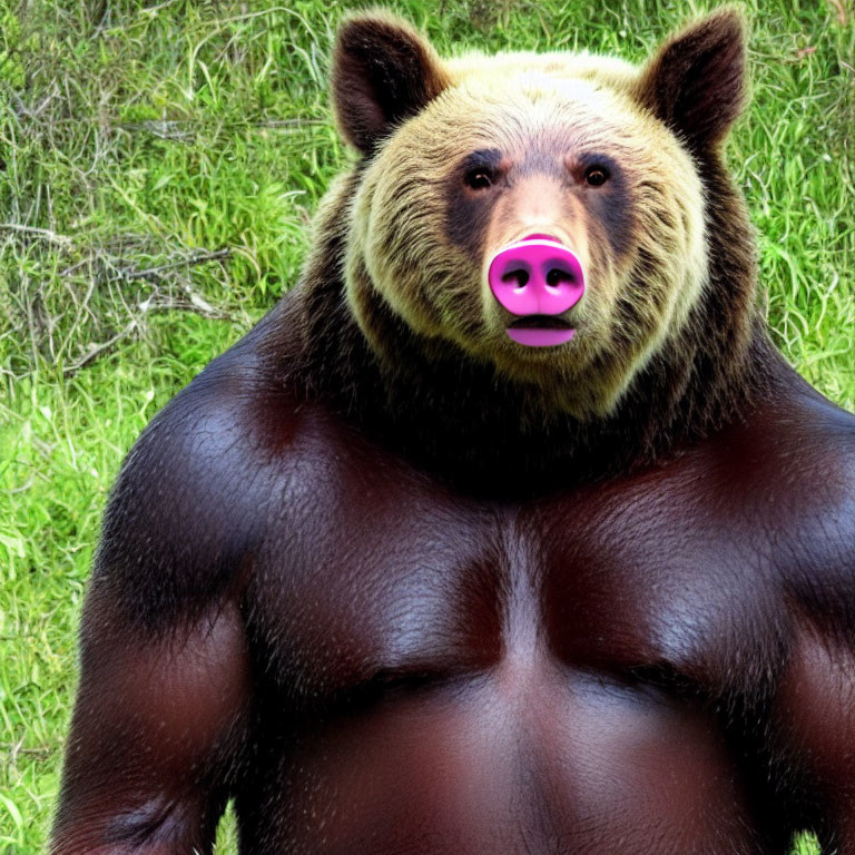 Digitally altered bear with muscular human-like body in grassy setting