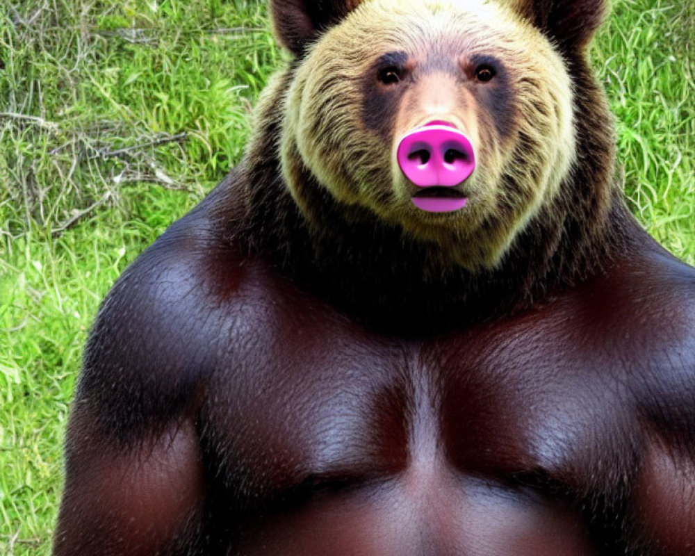 Digitally altered bear with muscular human-like body in grassy setting