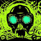 Black and Green Skull Graphic with Headphones and Abstract Patterns