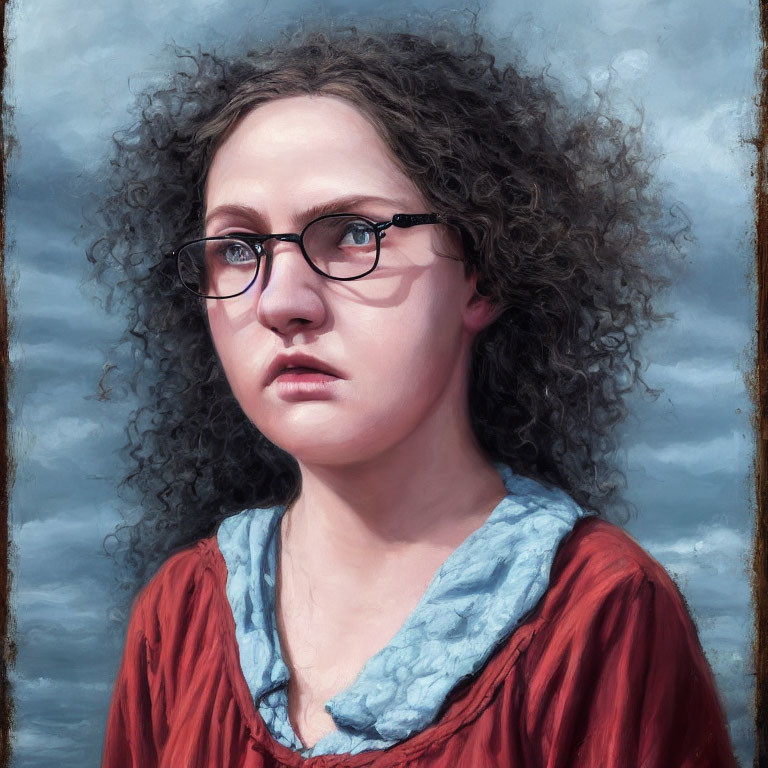 Curly-haired woman in glasses with red top gazing against cloudy sky