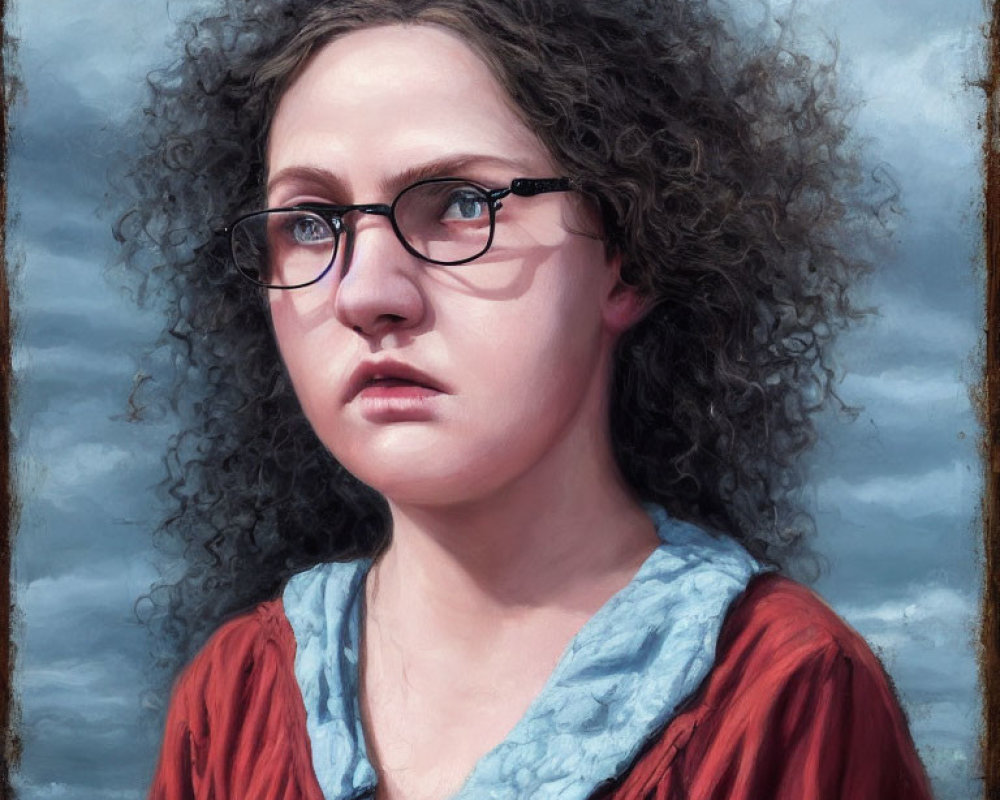 Curly-haired woman in glasses with red top gazing against cloudy sky