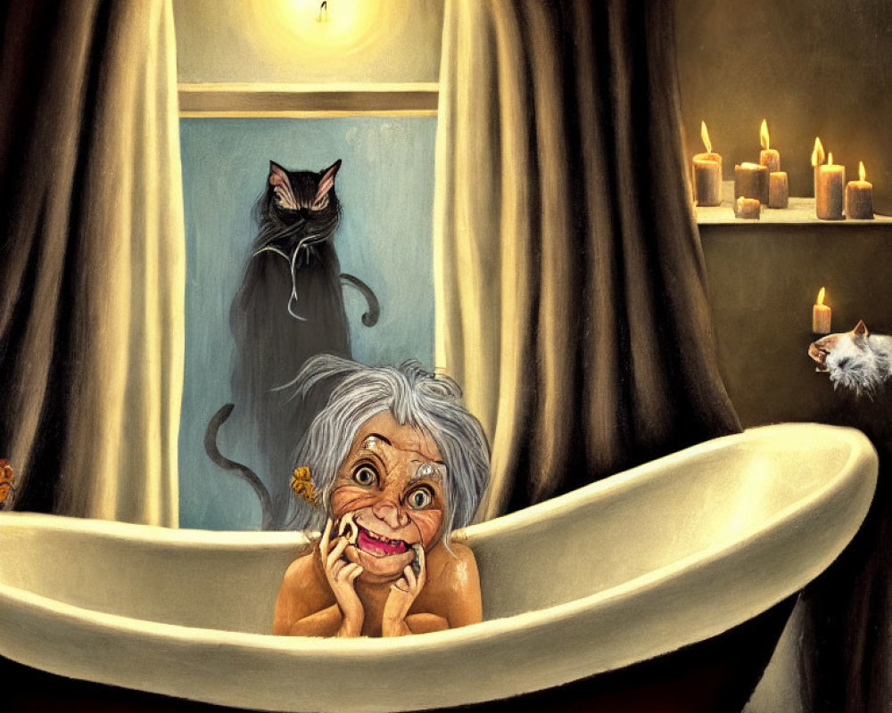 Elderly woman shocked in bathtub with cat and mice under candlelight