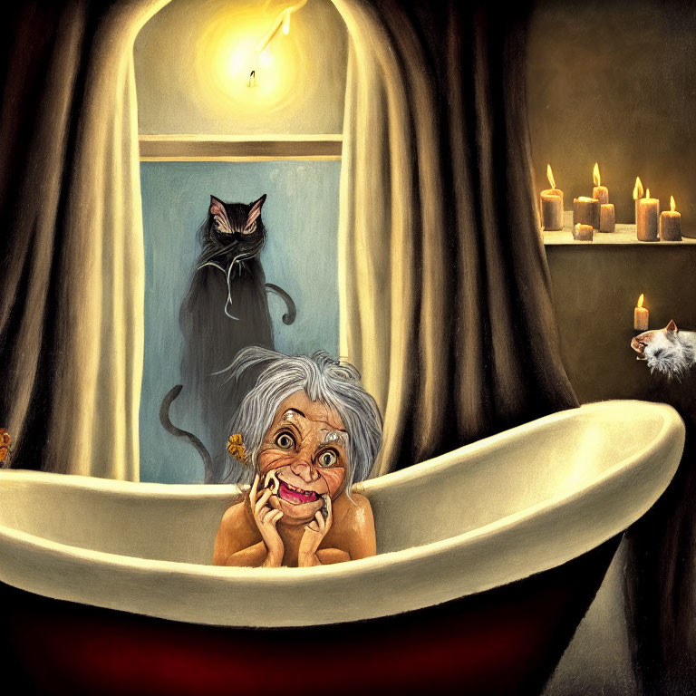 Elderly woman shocked in bathtub with cat and mice under candlelight