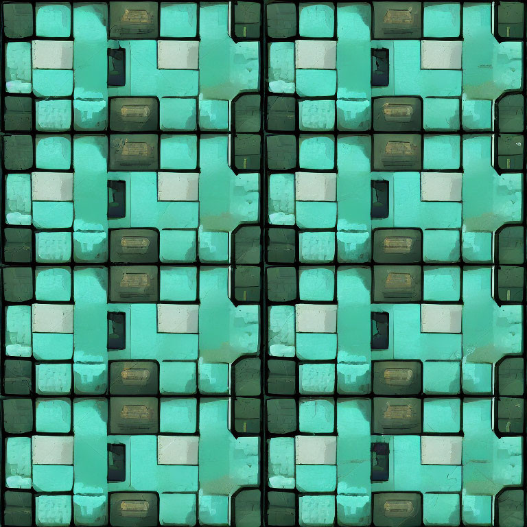 Teal and Black Abstract Pixelated Geometric Design with Cassette Tape Motifs