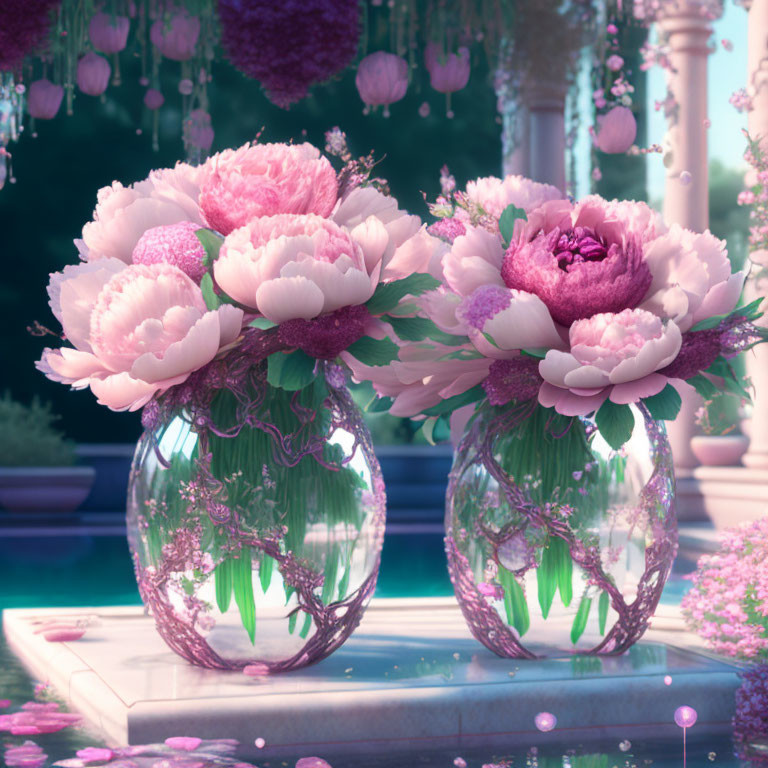 Round glass vases with pink peonies on marble, surrounded by ethereal garden.